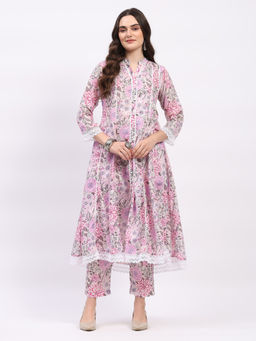 ME & I - Cotton Pink Floral Print Mandarin Collar Kurta And Pant