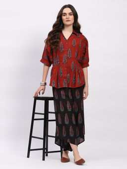 ME & I - Women Red Cotton Motifs Printed Co-Ord Set