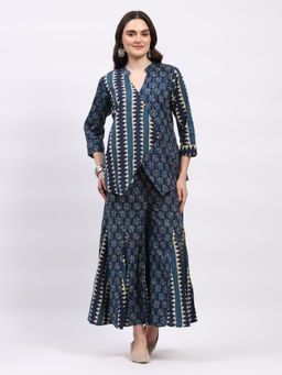 ME & I - Women Blue Cotton Printed Mandarin Collar Co-Ord Set