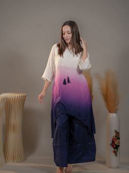 Meeshara - Women Purple Colorblock Cotton Print A-Line Kurta With Palazzo