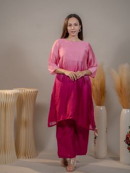 Meeshara - Women Pink Colorblock Cotton Print A-Line Kurta With Pant