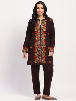 ME & I - Wine Acrylic Embroidered Mandarin Kurta And Pant
