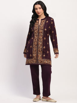 ME & I - Purple Acrylic Embroidered Mandarin Kurta And Pant