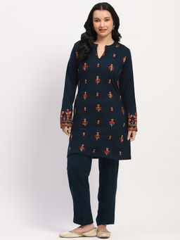 ME & I - Teal Acrylic Embroidered Mandarin Kurta And Pant