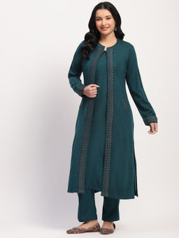 ME & I - Teal Acrylic Woven Mandarin Straight Kurta And Pant