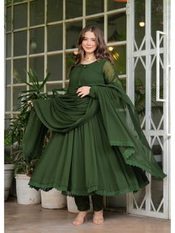 ESTELA - Women Olive Solid Lace Work Anarkali Kurta with Pant and Dupatta