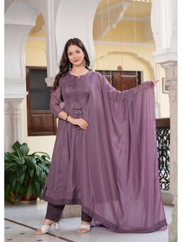 ESTELA - Women Purple Solid Lace Work Anarkali Kurta with Pant and Dupatta