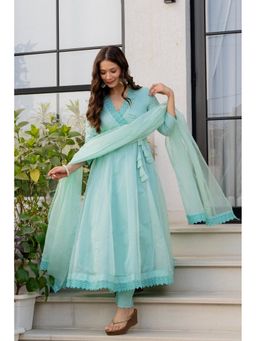 ESTELA - Women Turquoise Solid Lace Work Angarkha Kurta with Pant and Dupatta