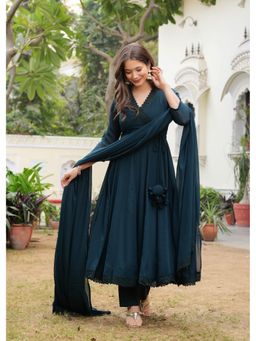 ESTELA - Women Teal Solid Lace Work Angarkha Kurta with Pant and Dupatta