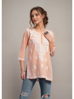 ESTELA - Women Peach Rayon Embroidered Straight Kurti