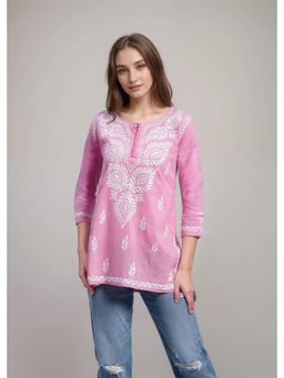 ESTELA - Women Pink Rayon Embroidered Straight Kurti
