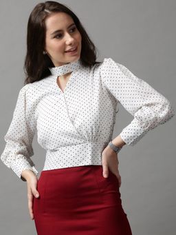 SHOWOFFFF - Women's Puff Sleeves Polka Dots White Cinched Waist Top