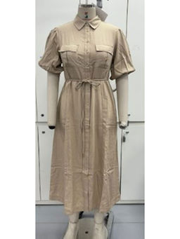 Twenty Dresses by Nykaa Fashion - Curve Beige Solid Collar Neck Puff Sleeve Midi Shirt Dress