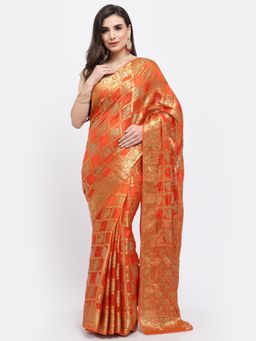 KISHORI - Women Bandhani With Zari Weaving & Swarovski Silk Saree & Blouse Orange with Unstitched