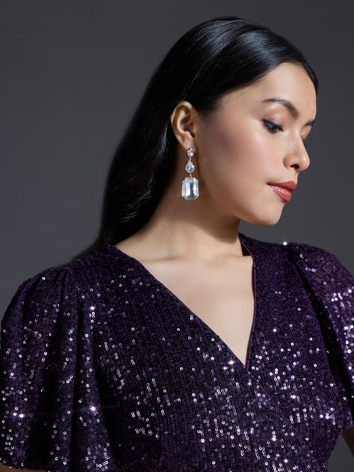 Buy Twenty Dresses by Nykaa Fashion Party Purple Sequin V Neck Flared  Sleeves Wrap Gown (XS) Online