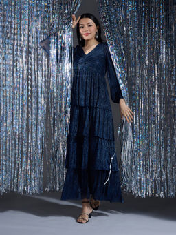Twenty Dresses by Nykaa Fashion - Party Blue Solid V Neck Fitted Sleeves Tiered Gown
