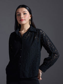Twenty Dresses by Nykaa Fashion - Party Black Self Textured Full Sleeves Lace Shirt