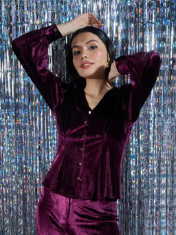 Twenty Dresses by Nykaa Fashion - Party Maroon V Neck Fitted Sleeves Shirt