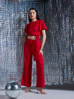 Twenty Dresses by Nykaa Fashion - Party Red Gathered Crop Top Straight Pant Co-Ord (Set of 2)
