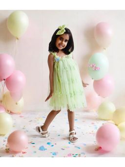 Fayon Kids - Green Flower Embroidered Net Dress (Pret)