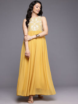 Varanga - Women Yellow Thread & Zari Embroidered Yoke Long Kurta