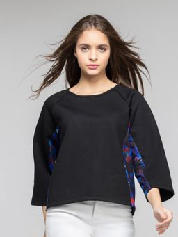 SHAYE - Black Round Neck Printed Three-Quarter Sleeves Sweatshirt for Women