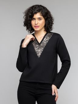 SHAYE - Black V-Neck Solid Long Sleeves Sweatshirt for Women