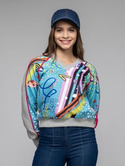 SHAYE - Grey V-Neck Printed Long Sleeves Sweatshirt for Women