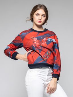SHAYE - Red Round Neck Butterfly Print Long Sleeves Casual Sweatshirt for Women