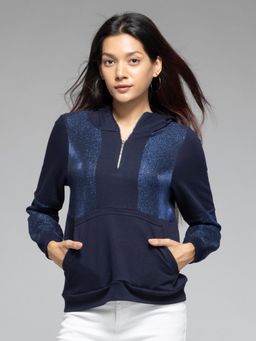 SHAYE - Blue Hood Neck Solid Long Sleeves Party Sweatshirt for Women