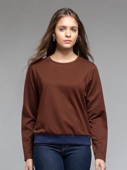 SHAYE - Brown Round Neck Solid Long Sleeves Casual Sweatshirt for Women