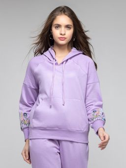 SHAYE - Lilac Hood Neck Embroidered Long Sleeves Casual Sweatshirt for Women