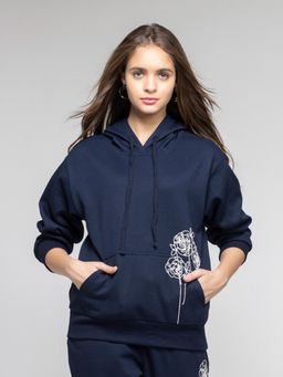 SHAYE - Navy Blue Hood Neck Embroidered Long Sleeves Casual Sweatshirt for Women
