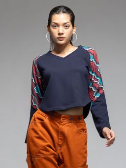 SHAYE - Navy Blue V-Neck Printed Long Sleeves Casual Sweatshirt for Women