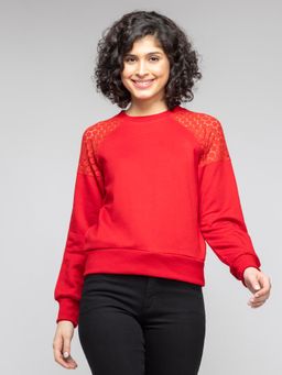 SHAYE - Red Round Neck Solid Long Sleeves Casual Sweatshirt for Women