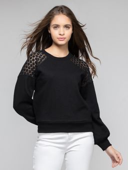 SHAYE - Black Round Neck Solid Long Sleeves Casual Sweatshirt for Women