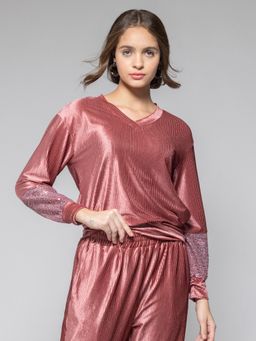 SHAYE - Pink V-Neck Sequin Long Sleeves Velvet Party Sweatshirt for Women