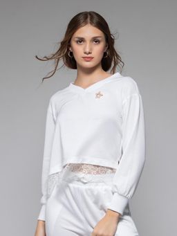 SHAYE - White V-Neck Solid Long Sleeves Casual Sweatshirt for Women