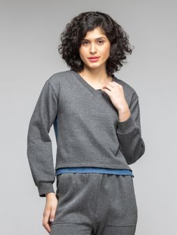 SHAYE - Grey V-Neck Solid Long Sleeves Casual Sweatshirt for Women