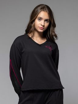 SHAYE - Black V-Neck Embroidered Long Sleeves Sweatshirt for Women