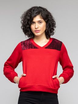SHAYE - V-Neck Red Solid Long Sleeves Casual Sweatshirt for Women