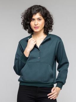 SHAYE - High Neck Green Solid Long Sleeves Casual Sweatshirt for Women