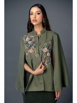 NEIZA - Olive Green with Navy and Pink Embroidery Cape