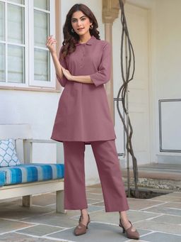 Janasya - Women's Mauve Cotton Solid A-Line Co-Ord (Set of 2)