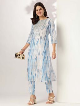 Janasya - Women's Blue Silk Blend Tie And Dye Yoke Embroidered Straight Kurta & Pant (Set of 2)