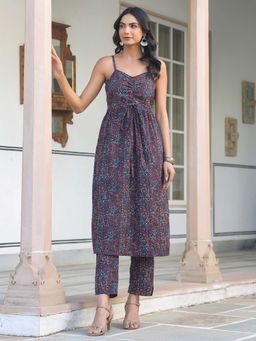 Janasya - Women's Navy Blue Pure Cotton Ethnic Motifs Printed A-Line Kurta & Pant (Set of 2)