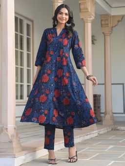 Janasya - Women's Navy Blue Pure Cotton Floral Printed A-Line Kurta & Pant (Set of 2)