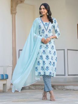 Janasya - Women's Blue Pure Cotton Floral Printed Straight Kurta & Pant with Dupatta (Set of 3)