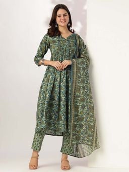 Janasya - Women's Green Pure Cotton Floral Printed A-Line Kurta & Pant with Dupatta (Set of 3)