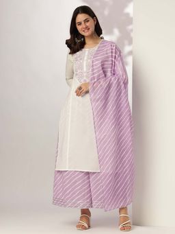 Janasya - White And Lavender Cotton Embroidered Straight Kurta with Palazzo & Dupatta (Set of 3)